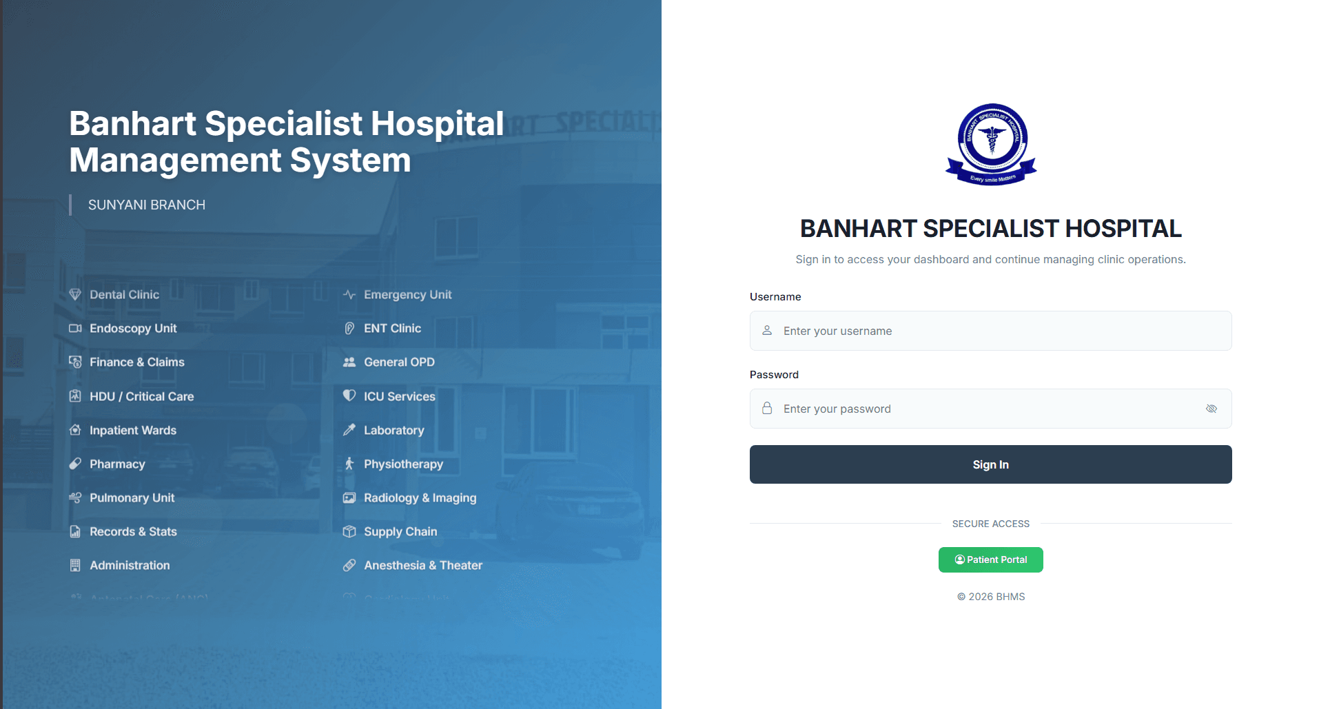 Banhart Specialist Hospital Management System login page