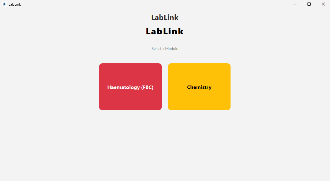 LabLink desktop application showing Haematology and Chemistry modules