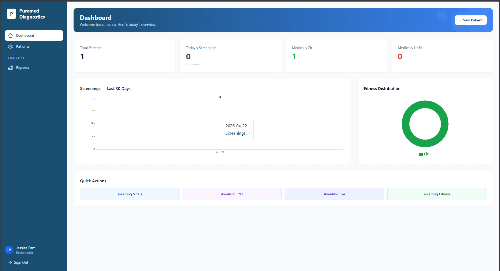 PureMed Diagnostics Medical Screening System dashboard